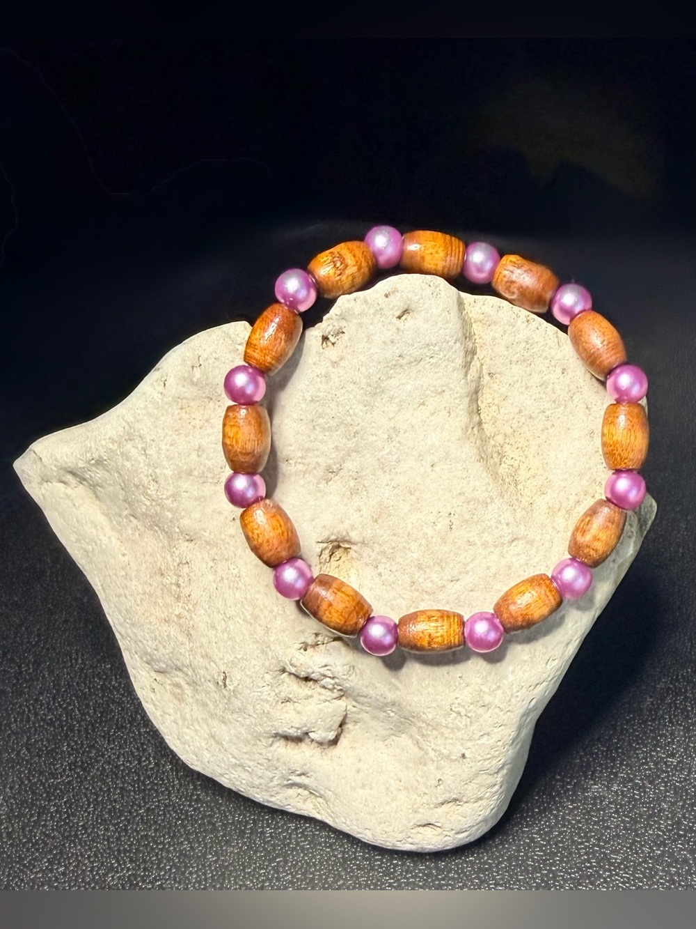 ✨Handmade✨ Wooden Bead Bracelet with Pink Pearlescent Accents